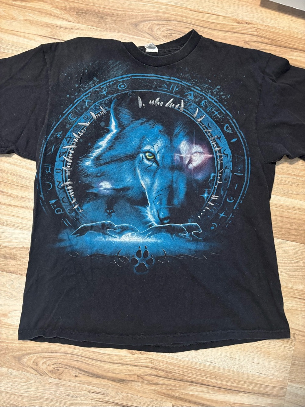 Black Graphic Wolf T-Shirt with Blue Artwork - Men's Shirt